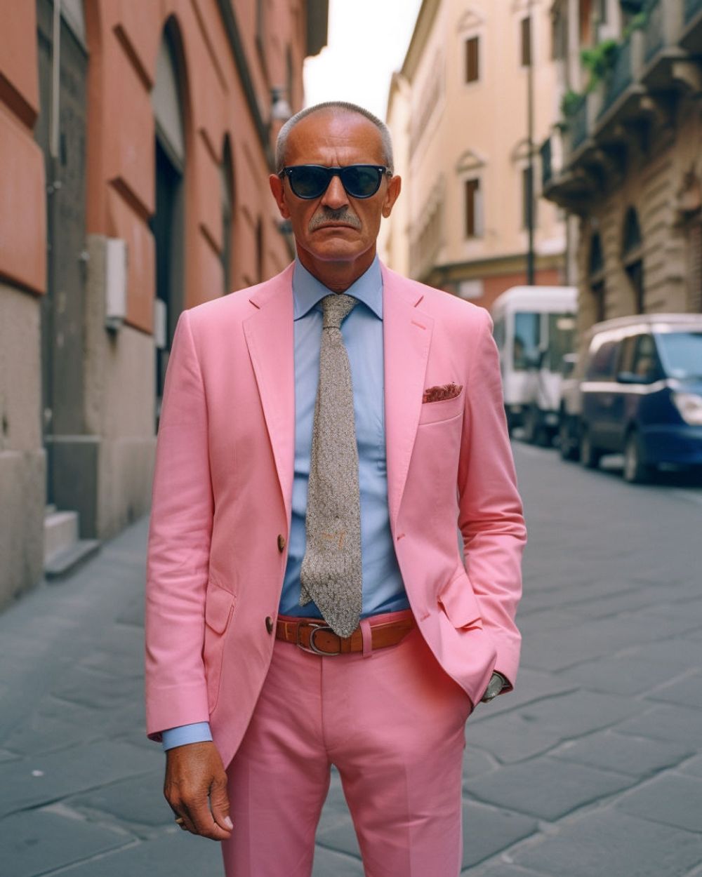 Blue suit pink shirt