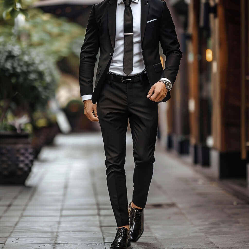 black suit grey shirt