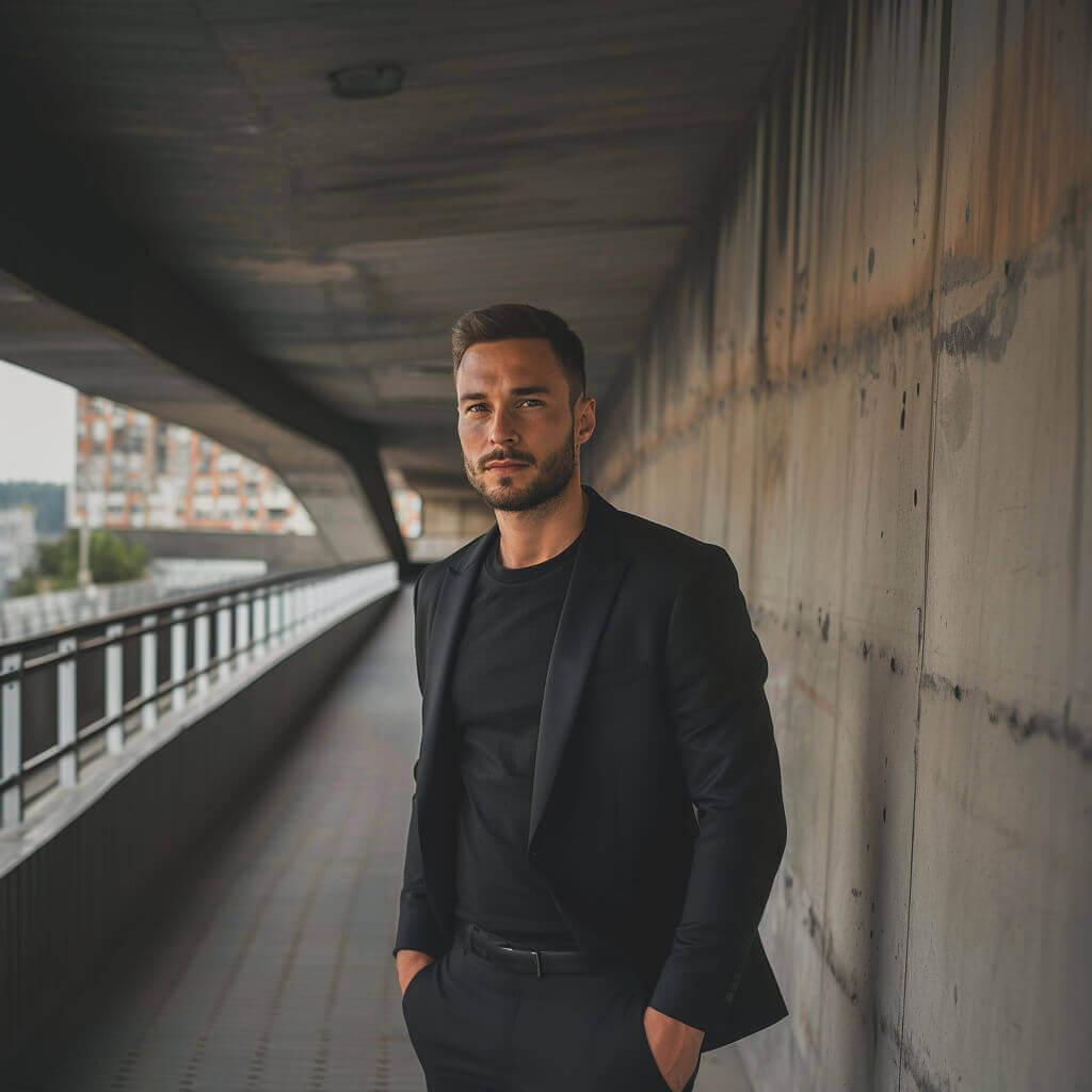 black suit grey shirt