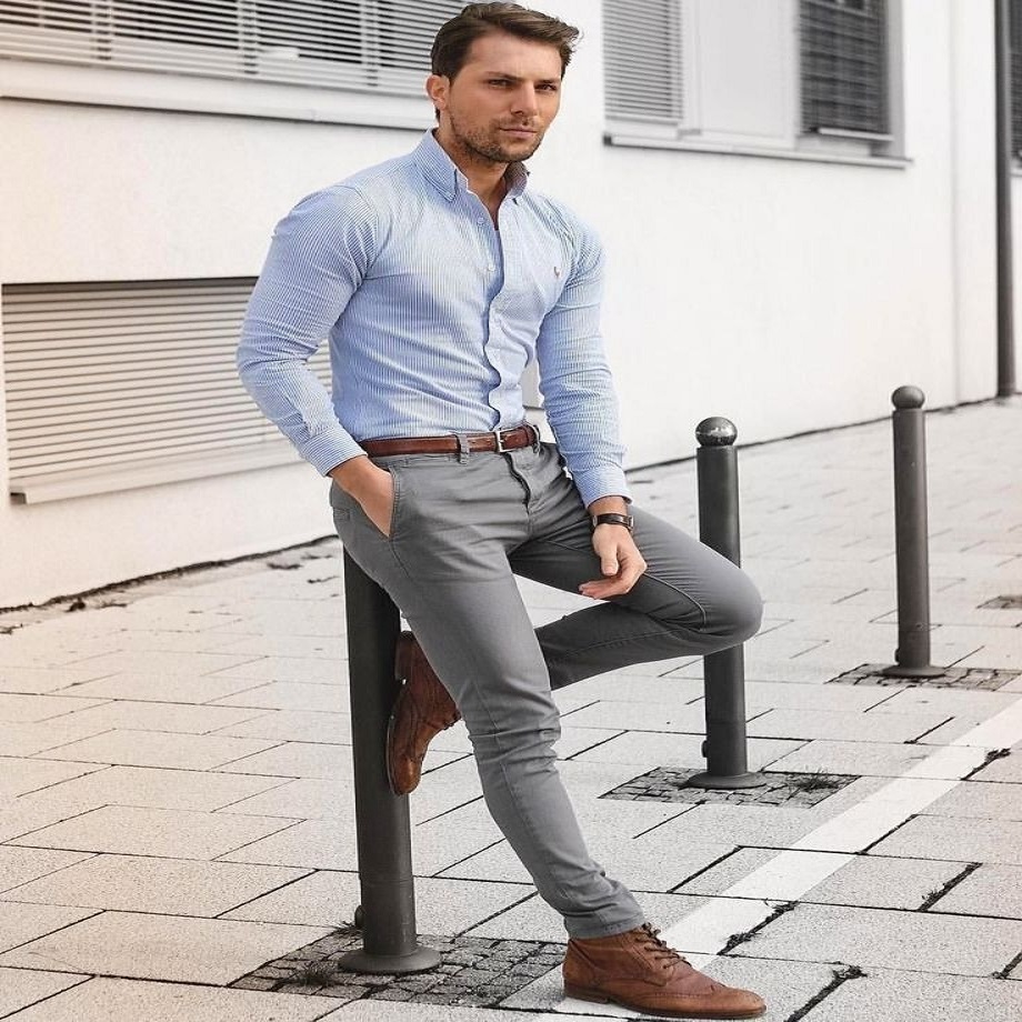 blue shirt grey suit