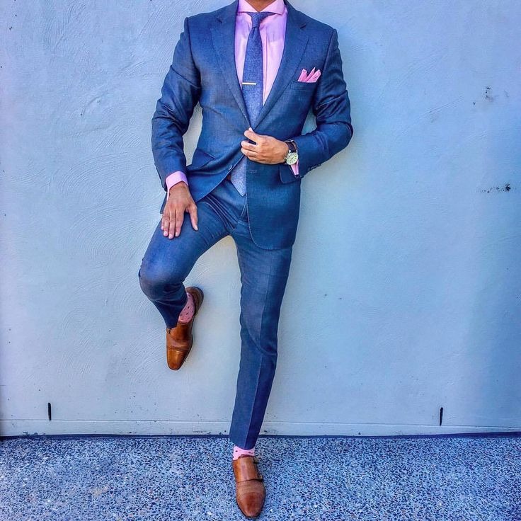 light blue suit with pink shirt