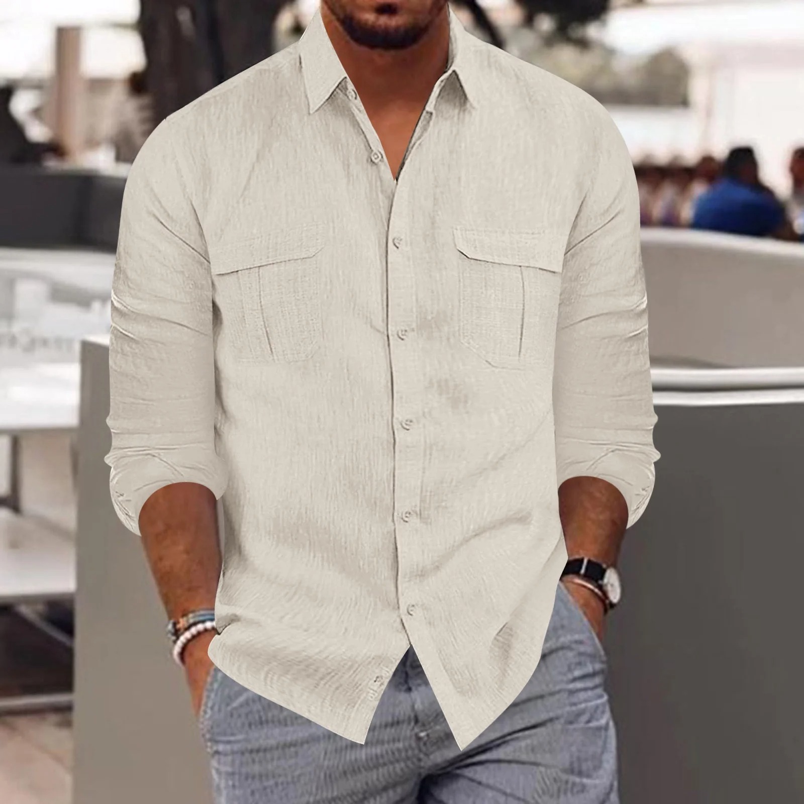 men’s beige shirt outfit