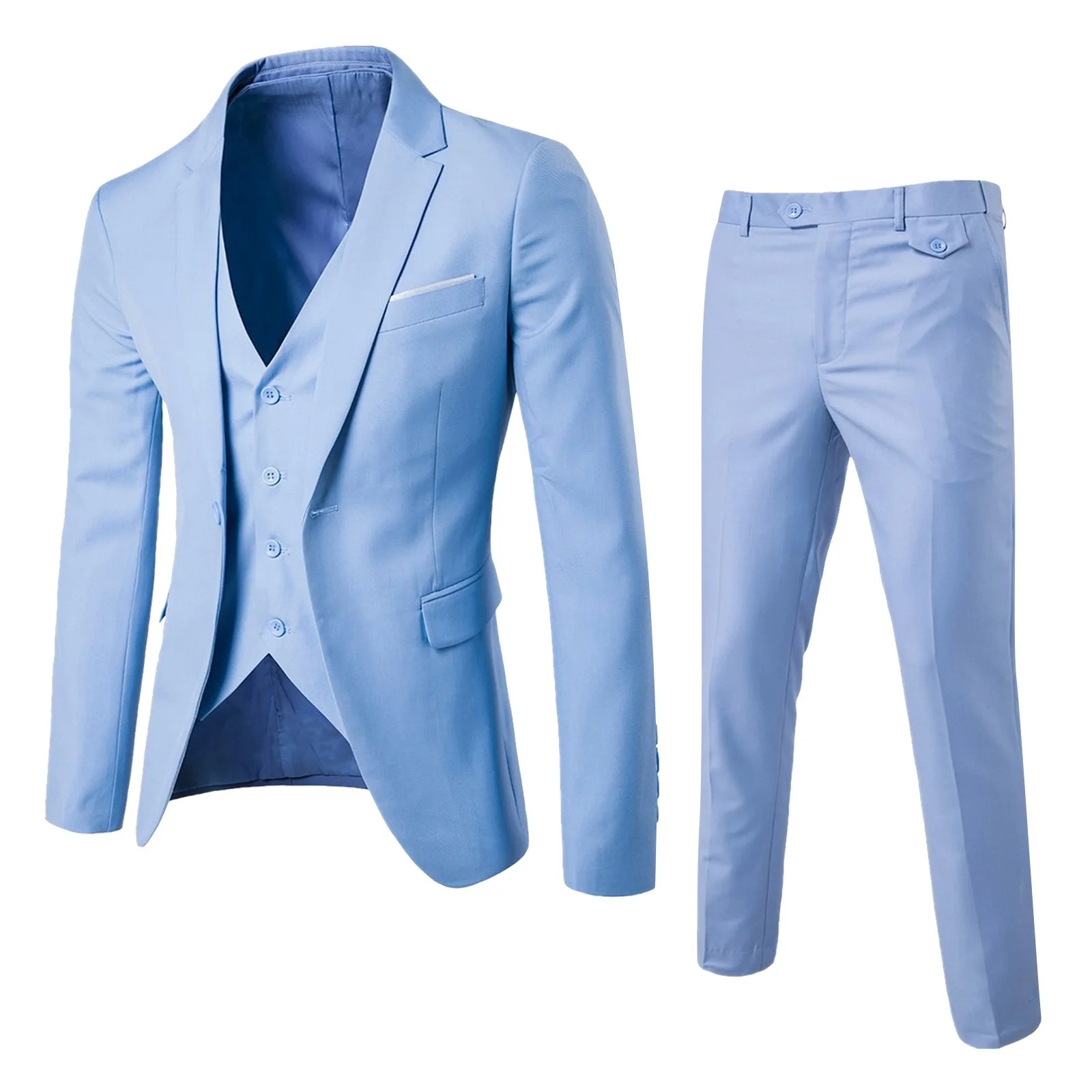 light blue suit with pink shirt