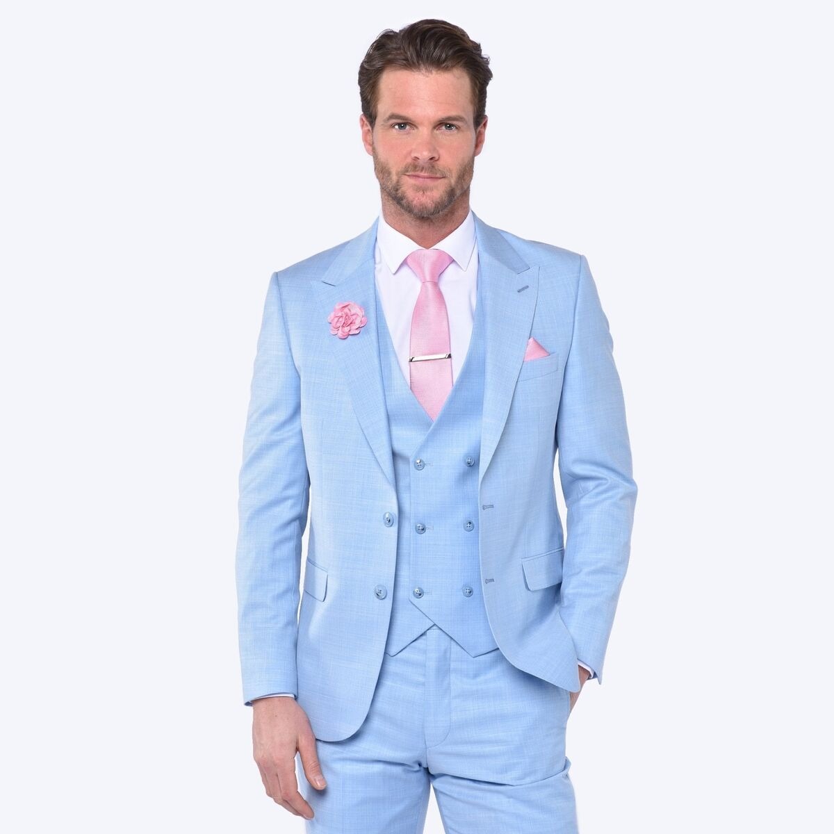 light blue suit with pink shirt